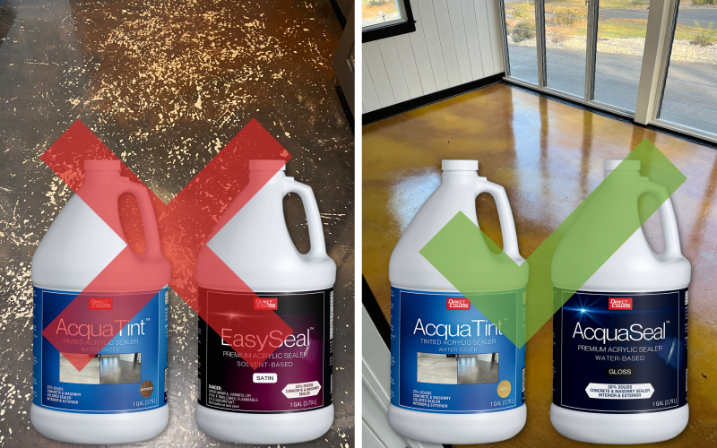 On the left, AcquaTint™ is NOT compatible with EasySeal™; on the right, AcquaTint™ is compatible with AcquaSeal™