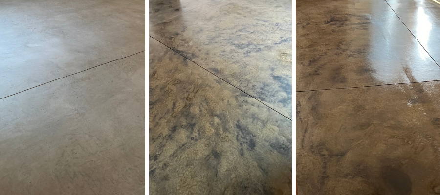 Three-step mottled staining process using Iron Gray and Stone ColorWave® colors. Begins with a sparse black pattern, followed by warm brown molasses, and finishes with metallic gray steel, creating a rich, layered, and textured effect without needing drying time between layers.