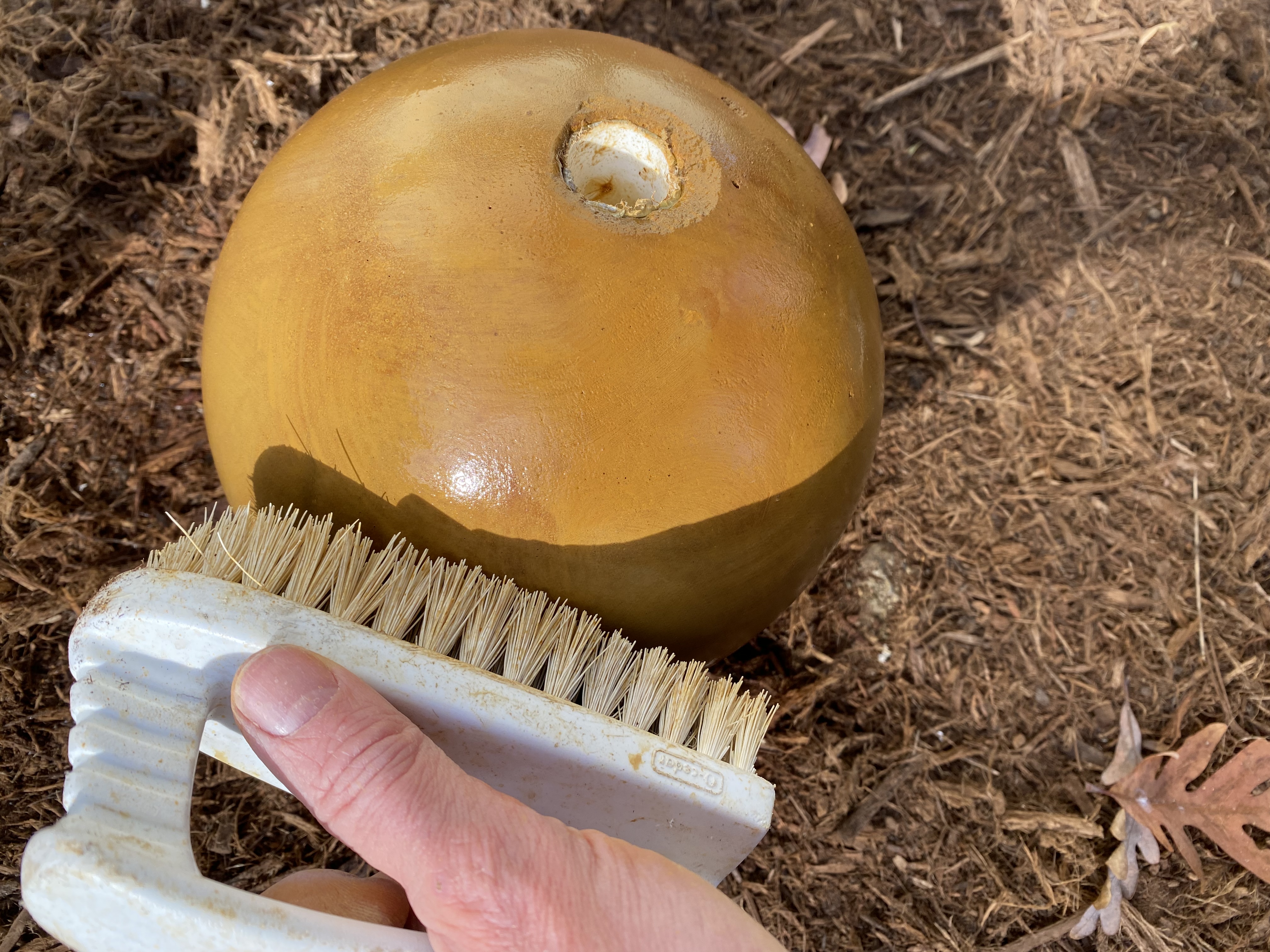 A photograph depicting a DIY spherical concrete fountain piece, stained with shades of Malayan Buff and Desert Amber, being scrubbed with a neutralizer after the application of acid stain.