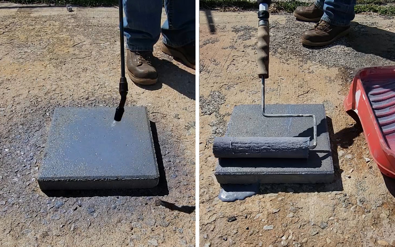Left image showing a close-up of a stain being sprayed onto a paver, with mist particles visible. Right image displaying the same stain being evenly applied with a roller onto a similar paver
