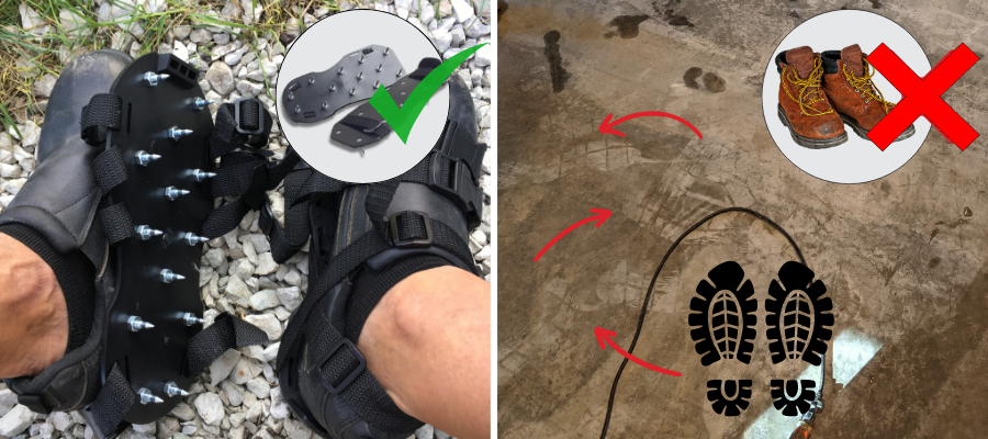 Illustration of the importance of wearing spiked shoes during application to avoid leaving permanent shoe prints in wet concrete.