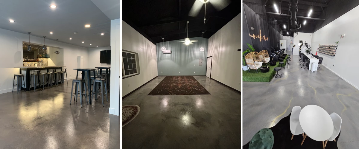 Three interior spaces—a modern bar lounge with high stools, an empty multipurpose room with area rugs, and a salon workspace—each showcasing AcquaTint™ tinted concrete sealer floors in a smooth gray finish