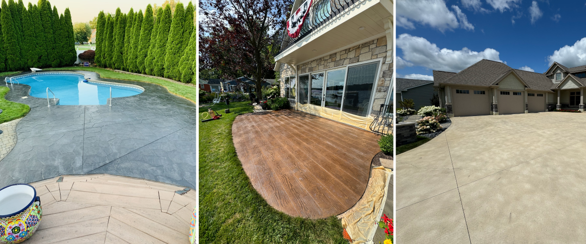 Three outdoor concrete surfaces—a charcoal-stamped pool deck, a wood-grain stamped patio, and a broom-finished driveway—each revitalized with Antiquing™ stain.