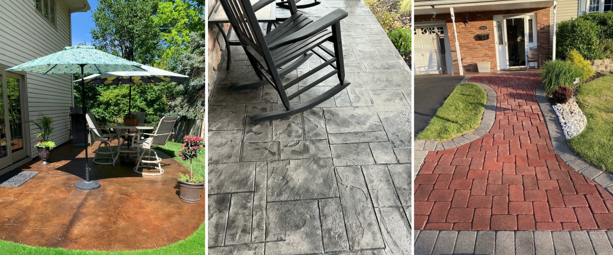 Three outdoor surfaces showcasing ColorWave® water-based stain: a smooth brown patio, a gray stamped porch, and a red paver walkway.