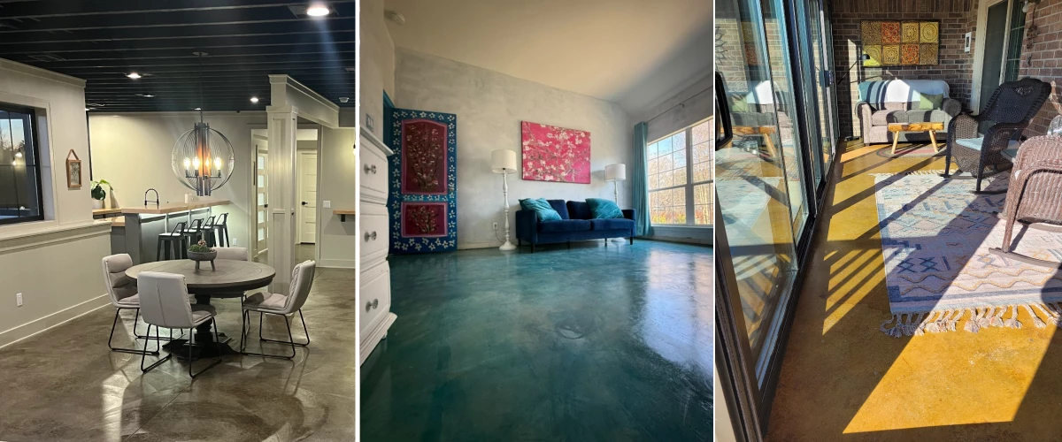 Three interior spaces featuring ColorWave® water-based stained concrete floors: a dining area with a round table, a teal-green living room, and a sunlit porch with a warm gold finish