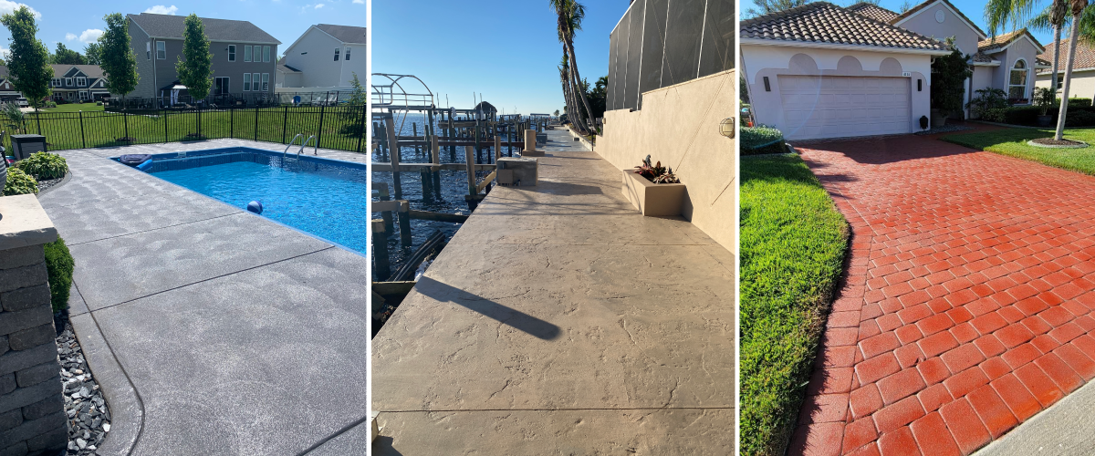 Three outdoor surfaces—a gray pool deck, a beige dock walkway, and a red paver driveway—all finished with EasyTint™ tinted sealer.