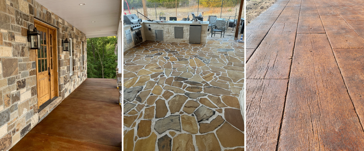 Three outdoor surfaces—a rust-toned acid-stained porch, a flagstone patio, and a wood-textured walkway—each showcasing EverStain™ finishes.