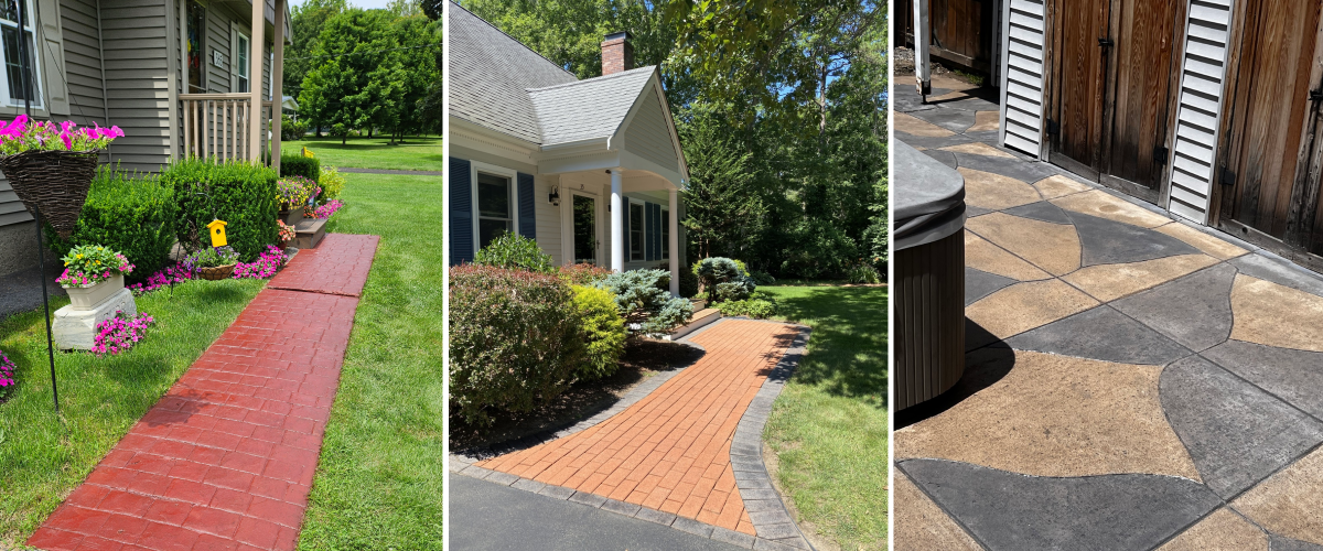 Three outdoor paver surfaces—a red brick garden path, a tan brick driveway border, and a multi-toned stone patio—each finished with Portico™ stain.