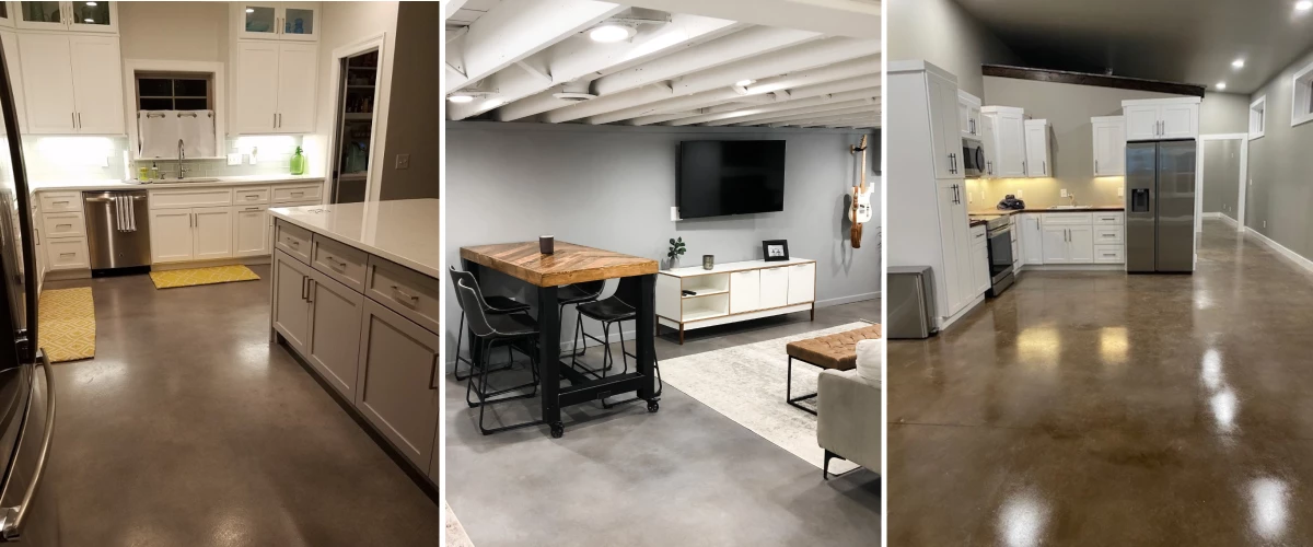 Three interior spaces—a modern white kitchen, a basement living area with a TV, and an open kitchen/living room—each showcasing smooth, multi-tonal concrete floors finished with Vibrance™ dye in subtle gray and warm amber tones